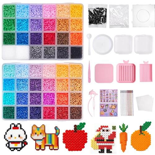Mini Fuse Beads Kit, 20800pcs 2.6mm Iron Beads Set for Girls Boys DIY Crafts, 48 Colors DIY Art Craft Fuse Beads, Bead Melting Arts Crafts Kit with Pegboards Ironing Papers Tweezers Bead Pen 10 Chain