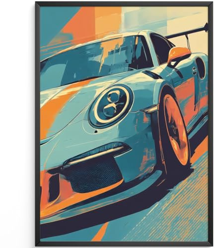 MJ-GRAPHICS® Poster Sportwagen Kunstdruck dynamisch Wandbild digital orange blau Bilder künstlerisch Auto Deko modern Wohnzimmer Design prints Racing Garage A4 mit schwarzem Rahmen