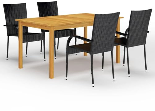 KGHFDVB 5-TLG. Garten-Essgruppe Schwarz mit Esstisch aus massivem Akazienholz Ölfinish und Stapelstühlen aus pulverbeschichtetem Stahl mit PE-Rattan, belastbar bis 110 kg pro Sitzplatz