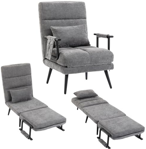 HOMCOM Schlafsessel 3 in 1 Sessel mit Schlaffunktion 186 x 60 cm Grau | Klappbar, 5-Stufig Verstellbare Rückenlehne, Metallgestell, Lendenkissen, Chenille-Optik, für Wohnzimmer