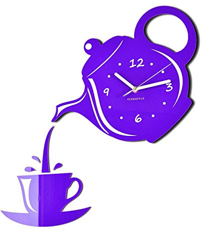 FLEXISTYLE Moderne Wanduhr für die Küche Tasse Und Kanne Violett (blaubeere), 45 cm x 45 cm, 3D, leise, Design, Made in EU