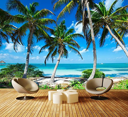 wandmotiv24 Fototapete Palmen an tropischem Strand, XXL 400 x 280 cm - 8 Teile, Wanddeko, Wandbild, Wandtapete, Meer, Entspannung, Urlaub M0914