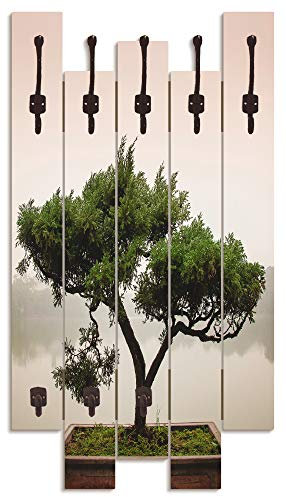 ARTLAND Wandgarderobe Garderobenpaneel Holz mit 8 Haken 63x114 cm Design Garderobe mit Motiv Zen Bonsaibaum Asiatisch T9IC