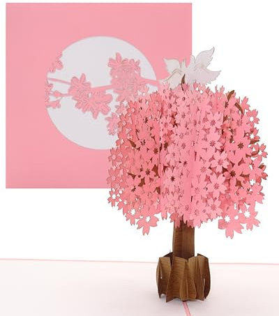 Pop Up Karte „Kirschblüte – Kirschbaum & Weiße Tauben“ 3D Hochzeitskarte, Einladung, Postkarte - Karte mit Umschlag zu Hochzeit & Verlobung