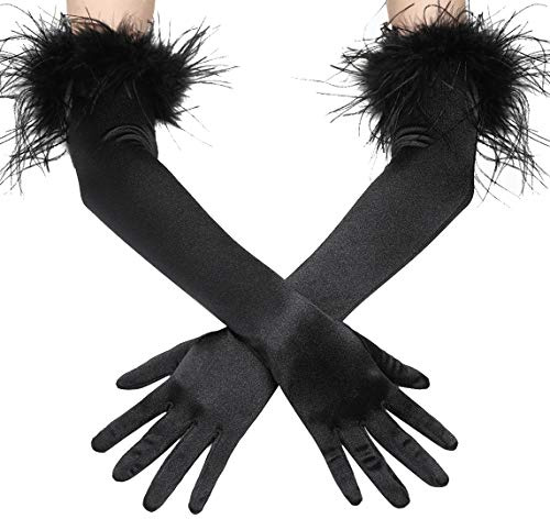 Coucoland Long Opera Gloves - Satin Feather 1920s Style Bridal Fancy Dress for Wedding Prom - Elbow Length Classic