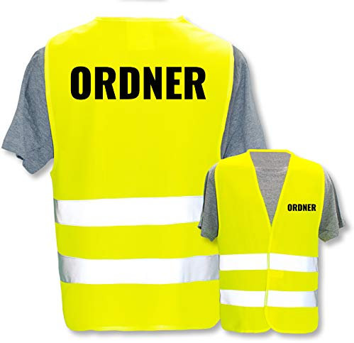 Bedruckte Warnwesten mit ISO-Leuchtstreifen * Standard- oder Reflex-Druck * Thema Sicherheit & Team, Warnweste Begriffe Security:Ordner, Farbe + Größe:Gelb (3XL/4XL)