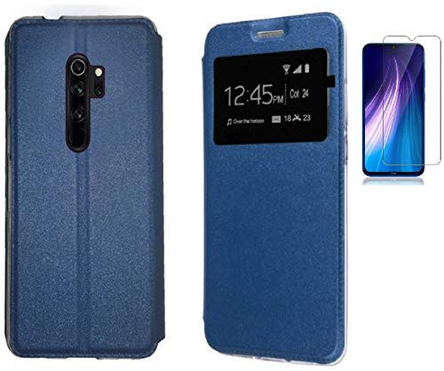 Todobarato24h Funda Compatible con Xiaomi Redmi Note 8 Pro (6.53) Pulgadas Azul Libro Ventana + Protector de Cristal Templado