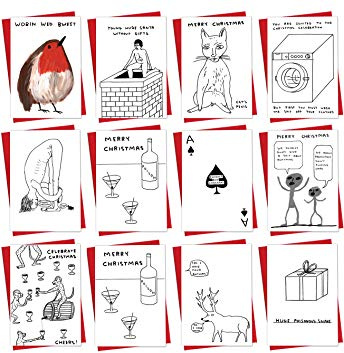 Brainbox Candy Official David Shrigley - Funny Rude 12 Pack of Christmas Cards - Mixed Designs of Artist Illustrated Alternative Xmas Cards - Sold