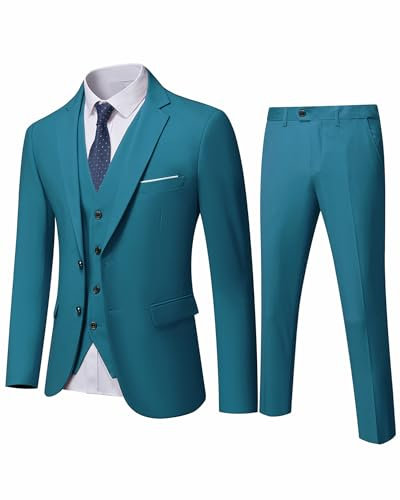 YND Herren-Anzug-Set, schmale Passform, 2 Knöpfe, 3-teilig, einfarbig, Blazer, Jacke, Weste, Hose und Krawatte, hellblau, Large