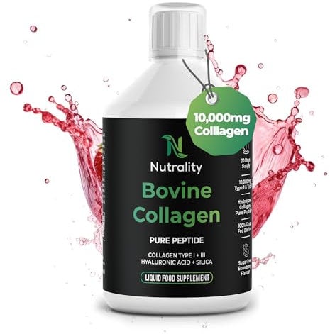 Nutrality Bovine Collagen Sugar Free Liquid | 10,000mg Type 1 Peptides | Collagen Peptides, Hyaluronic Acid, Biotin | Strawberry Flavour | Healthy Skin, Hair, Nails | 500ml (1 Bottle)
