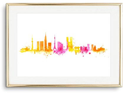 Din A4 Kunstdruck Skyline - Tokio -Tokyo - Japan Stadt Silhouette City Aquarell Gelb Pink Druck Poster Bild - ohne Rahmen