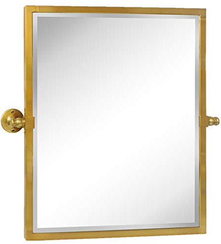 58,4 x 61 cm gebürsteter goldfarbener Metallrahmen, schwenkbar, rechteckig, Badezimmerspiegel aus Edelstahl, neigbar, abgeschrägt, Kosmetikspiegel für die Wand