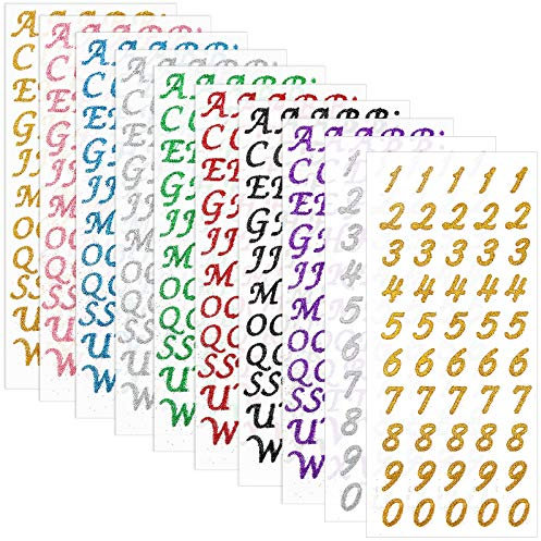Outus 10 Blätter Glitzer Nummer Aufkleber Bunt Alphabet Aufkleber Selbstklebende Heißprägung DIY Buchstabe Etiketten Grußkarte Glitzer Aufkleber für Heimtextilien Bastel Bedarf