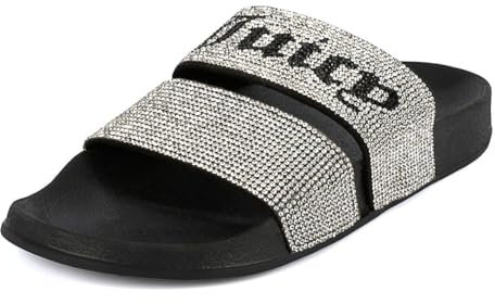 Juicy Couture Slide Doppelriemchen Sandalen Strand Flats für Damen Sommerschuhe, Winx-black Multi, 38 EU