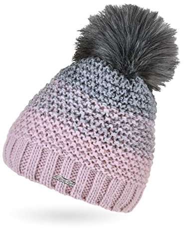 Neverless® Damen Strick-Mütze gefüttert Fleece Fell-Bommel Kunstfell Winter-Mütze Bommelmütze Grobstrick Mehrfarbig rosa-grau Unisize
