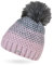 Neverless® Damen Strick-Mütze gefüttert Fleece Fell-Bommel Kunstfell Winter-Mütze Bommelmütze Grobstrick Mehrfarbig rosa-grau Unisize