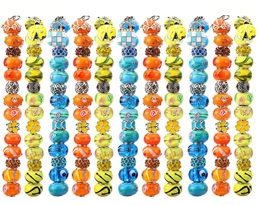 Victlov Cuentas espaciadoras de cristal de Murano con cristales de Murano y diamantes de imitación, colgantes de metal, para hacer joyas (3 colores, limón+naranja+azul lago)