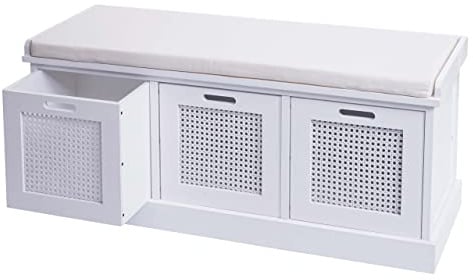 Mendler Sitzbank HWC-J49AM, Polsterbank Garderobenbank, Kissen Aufbewahrungsboxen Fach 47x110x40cm - weiß, Polster Creme-weiß
