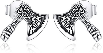 POPLYKE Sterling Silver Norse Talisman Viking Battle Axe Stud Earrings Nordic Jewelry For Men Boyfriend Birthday Gift