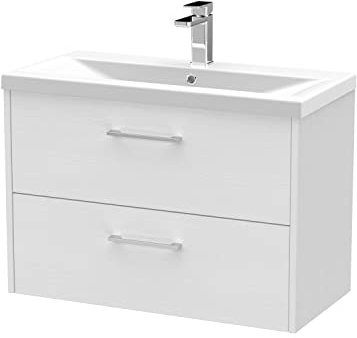 Hudson Reed JNU2126A Juno Modern Bathroom Wall Hung 2-Drawer Vanity with Mid-Edge Ceramic Basin, 800mm, Woodgrain White Ash