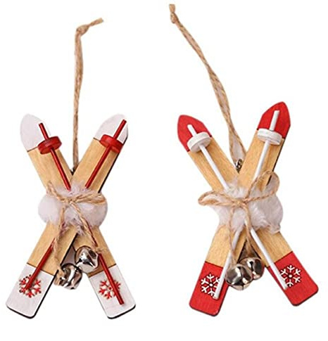 Haowul 2pcs Wooden Sled Christmas Decoration for Home Wooden Ski Bell Xmas Ornaments Kids Gift for Home New Year Party Decor