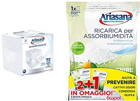 Ariasana Kit Mini Deumidificatore, Assorbi umidità + Ricarica in Sali Assorbiumidità Fragranza Agrumi Formato Convenienza di 2 Buste da 450 g e 1 Busta da 450 g