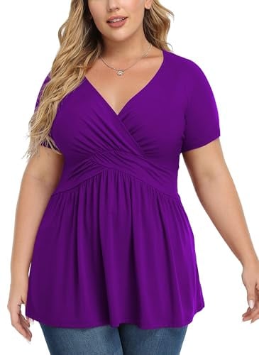 TIANZHU Plus Size Short Sleeve Blouse Elegant Wrap Shirt V-Neck Empire Waist Cute Tunic for Women Casual and Work, Purple, Size 22-24