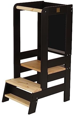 MEOWBABY Lernturm – Höhenverstellbarer Montessori Learning Tower für Kinder – Lernturm ab 1 Jahr – Sicherer Kinder Tritthocker – Holz Küchenhelfer für Küche & Alltag, Schwarz-Natur
