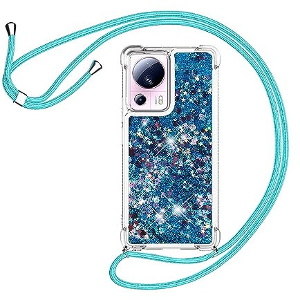 HomiTunky Handykette für Xiaomi 13 Lite Hülle mit Band,Silikon Durchsichtig Transparent Flüssig Glitzer mit Kette Kordel Bumper Treibsand Necklace TPU Schutzhülle Xiaomi 13 Lite Case,Blau