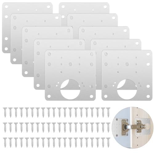 Fousenuk 10 Piezas Placa de Reparación de Bisagras Cocina, 9×9cm Inoxidable Hinge Repair Kit, Armario Bisagra Artefacto Reparación con Tornillos para de Madera Muebles, Gabinete, Cajón, Ventana