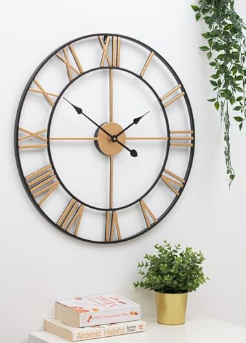 Heaven4you Large Skeleton Metal Roman Vintage Rustic Wall Clock Big Numerals Giant Open Round Face for Living Room Kitchen Bar Office Gold/Black (60cm)