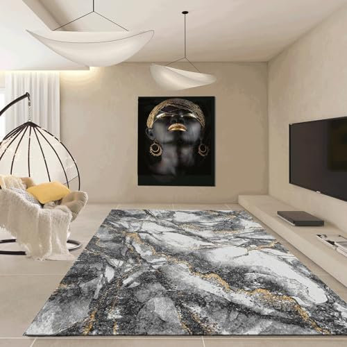 VIMODA Moderner Teppich mit Marmor-Optik in Grau und Gold Tönen Wohnzimmer, Maße:120x170 cm