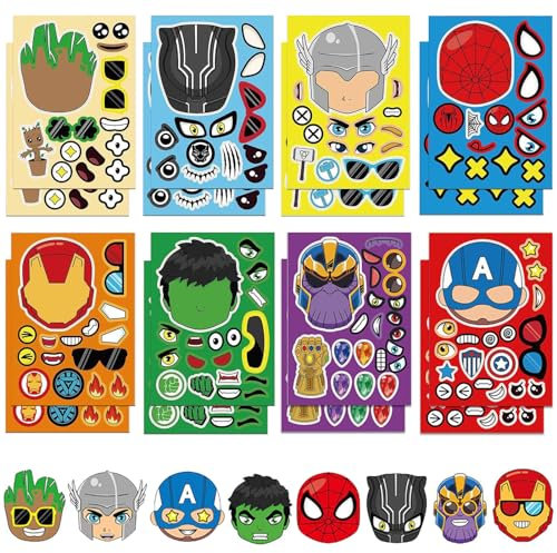 HONGP 16 Sheets Superhero Stickers for Kids DIY Make a Face Stickers,Art Craft Make Your Own Personalized Stickers for Birthday Party Supplies Party Bag Filler Favors Stickers for Boys Girls