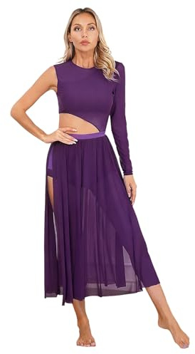 YOOJIA Damen Tanzkleid Eiskunstlauf Kleid Ballettanzug Lang Ballettkleid EIN Schulter Latein Rumba Tango Kleid Ballsaal Dancewear