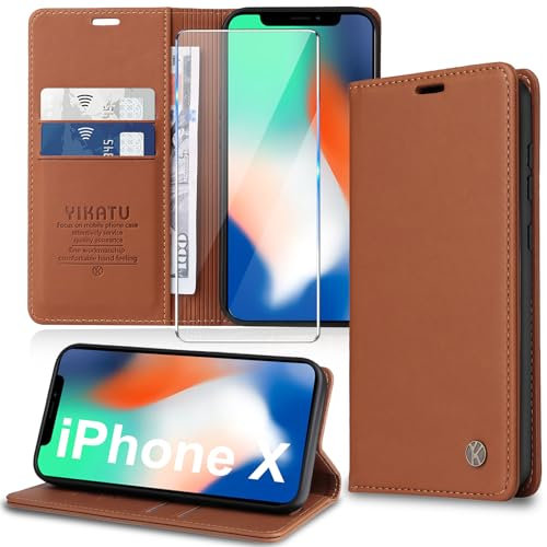 Migexxkj Handyhülle für iPhone X,iPhone XS Hülle [mit Schutzfolie][Premium PU Leder] Klapphülle Kartenfach Magnetic Ständer Flip Case Cover Etui Tasche Schutzhülle für iPhone X/XS 5.8“ (Brown)