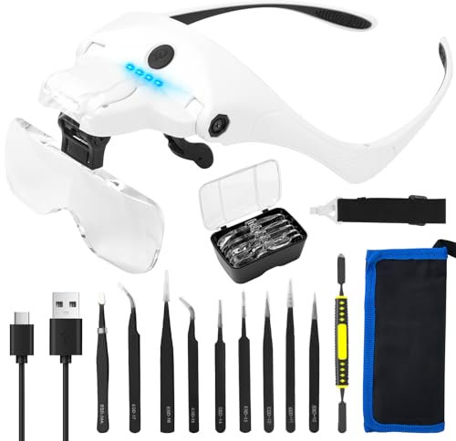 Cuteefun Gafas Lupa con Luz LED, Lupa Relojero Recargable con 4 LED, 5 Lentes de 1x A 3.5X, Lente Ajustable y Angulo de Luz, 10 Pinzas, Lupa Binocular para Coser, Reparaciones, Manualidades