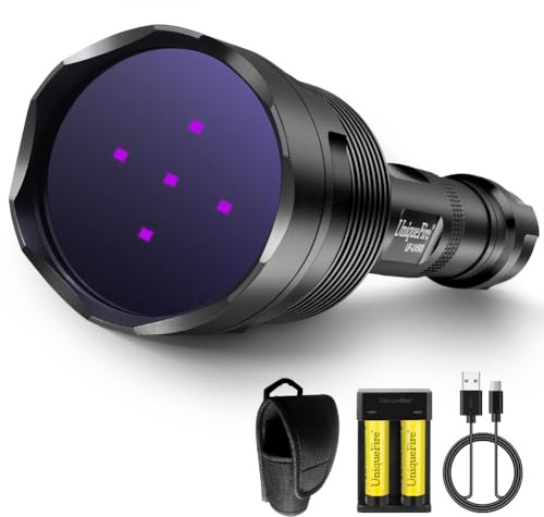 UniqueFire 365nm Schwarzlicht-UV-Taschenlampe mit 5 LEDs, professionelles UV-Licht, 50 W leistungsstarke Schwarzlicht-Taschenlampe, wiederaufladbar für Haustierurinsuche & Mineralstoffe, antike