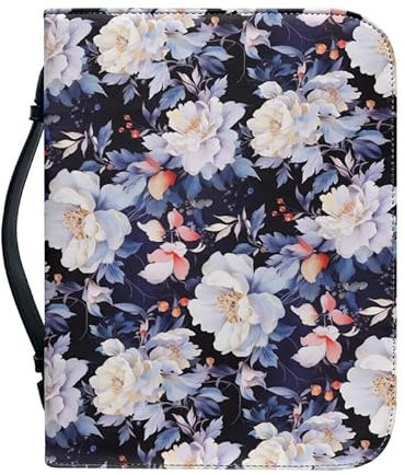 Kuiaobaty Bibelhülle aus PU-Leder mit weißen Pfingstrosen, mit Taschen, Landschaft, Blumenmuster, Buchhülle, Reißverschluss, für Studium, Bibel, 4 Größen