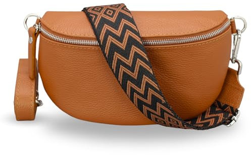 ADEL Bauchtasche Damen Echtleder Emma Silber Handgemachte Umhängetasche Crossbody Bag mit Optionalen Breiten Gemusterten Riemen Stylische Hüfttasche Made in Italy (Cognac Braun-Silber 2, Medium)