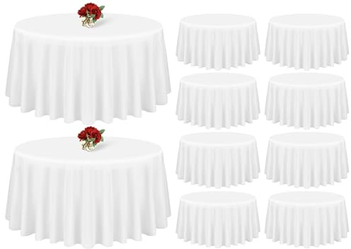 Showgeous 10 Stück Tischdecke Weiße Runde Tischdecke 275cm Polyester Stoff Tischdecke Rund Waschbare Tischdecke für Hochzeit Bankett Restaurant Buffet Parteien Garten