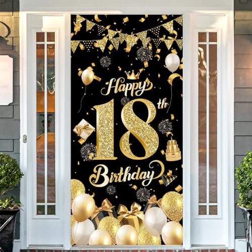 POPOYU Banner 18 Geburtstag Mann,Banner 18. Geburtstag Schwarz Gold,Türbanner 18.Geburtstags,Deko 18.Geburtstags Mann und Frauen,Poster Hintergrund für Geburtstagsbanner, Hintergrunddekorationen