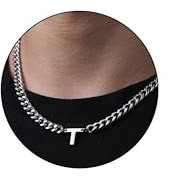 HAYOUWAY Kette Herren mit Buchstaben Halskette Damen Silber Kette, Edelstahl Panzerkette Herren Halskette Kubanische Kette mit Buchstabe Anhänger Schmuck Geschenke (T)