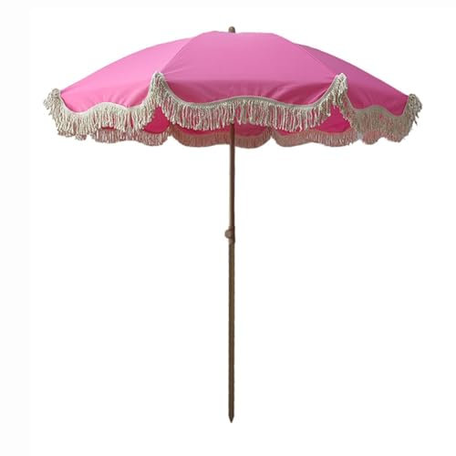 KXWOQ3ED Parasol de Plage Portable 200cm à Franges Roses, Protection UV, Style Boho pour Jardin Extérieur, Patio, Pique-nique, Piscine et Pelouse
