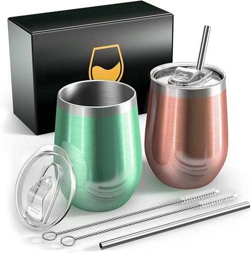 FloweryOcean Weinbecher aus Edelstahl,2 Stück 12OZ Weingläser to go,hält 5h heiß/ 10h kalt,BPA-frei,Doppelwandigen Vakuumisoliert Weinglas,Camping Geschenk für Frauen,Grün + Roségold