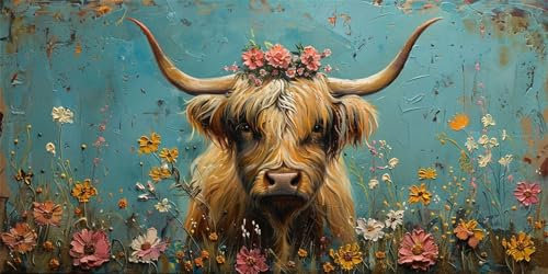 Hochlandkuh Malen Nach Zahlen Erwachsene Groß (40X80CM Rahmenlos), Blume Malen Nach Zahlen Kinder AnfäNger DIY Handgemalt öLgemäLde Kit, Acrylfarben mit 3 Set Pinseln, für Room Zimmer Deko Aesthetic
