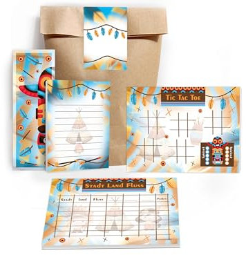 12 Lesezeichen + 12 Mini-Notizblöcke A7 + 12 Tic Tac Toe A6 + 12 Stadt-Land-Fluss A6 je 25 Blätter + 12 Tüten + 12 Aufkleber Gastgeschenk Mitgebsel Kindergeburtstag Party Unisex Teenies Jungs Indianer