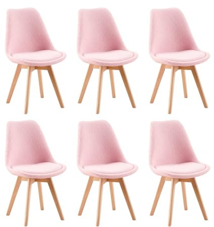 EGGREE Set de 6 Silla de Comedor Diseño Contemporáneo,Silla de Comedor de Vellón Bereber,Sillas de Cocina Nórdicas Certificadas por SGS con Asientos Acolchados y Pies de Haya de Madera Maciza,Rosa