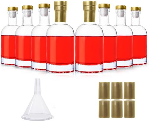 HINGWAH 8 Pack 6oz Glass Bottles with Cork Lids, 200ml Liquor Bottles with T-Top Stopper, Empty Whisky Bottles for Wine, Beverages, Beer, Drinks, Oil, Juices (Shrink Capsules and Funnel Included)