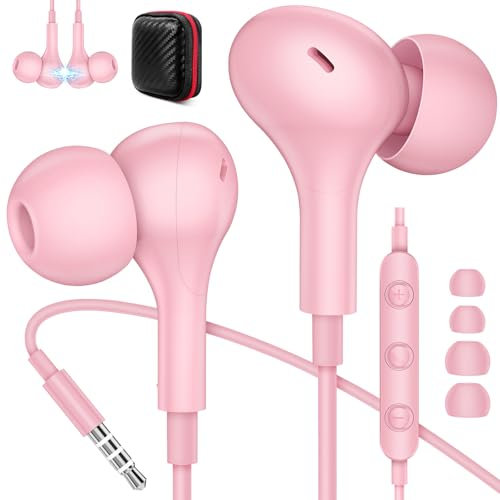 3.5mm Wired Earbuds Headphones with Microphone Noise Canceling in-Ear Headset for School Students High Sound Quality Earphones for 3.5mm Jack Tablets Computer Laptop iPod iPad MP3 MP4 iPhone 6 5S Pink