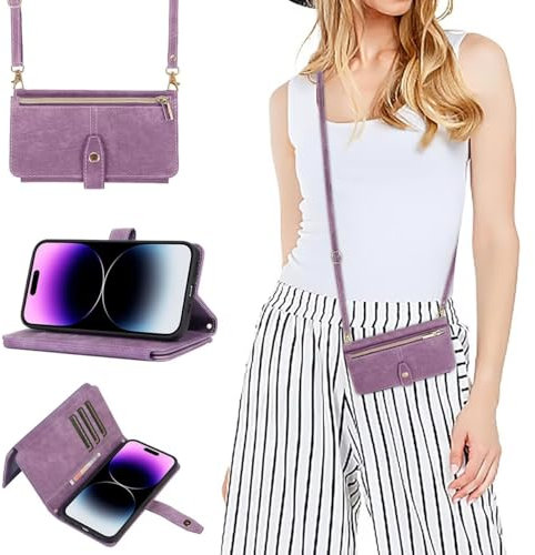 GoodcAcy Custodia a tracolla per Samsung Galaxy Z Flip 4, custodia a portafoglio in pelle con cordino rimovibile regolabile, cordino con cordino antiurto, custodia protettiva Viola